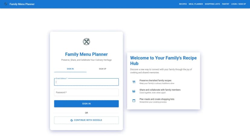 Screenshot of Family Menu Planner